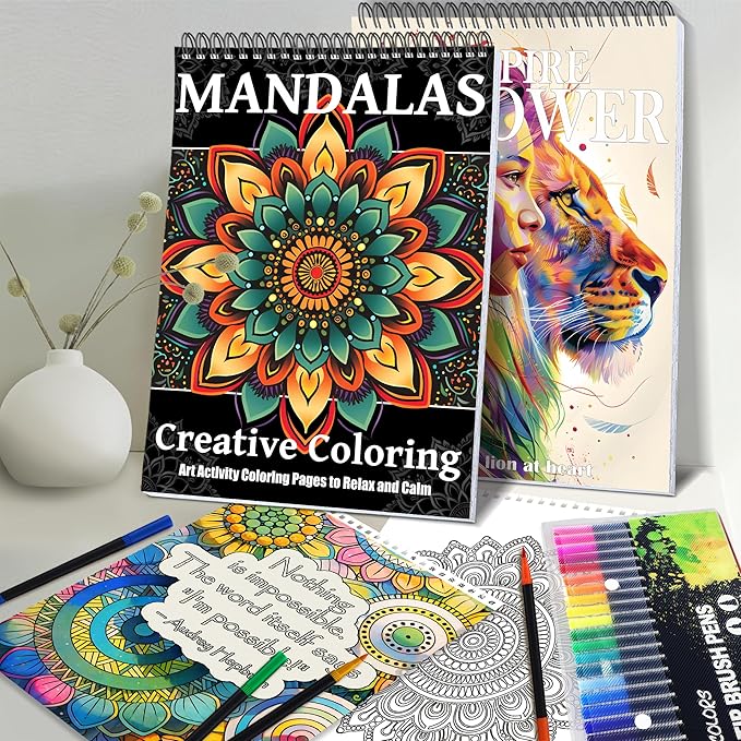 Adult Coloring Book for Women Relaxation, Spiral Bound Mindfulness Coloring Book with 24 Colors Markers for Adult, Anxiety Relief Gifts with 48 Pictures (Quotes & Mandala)
