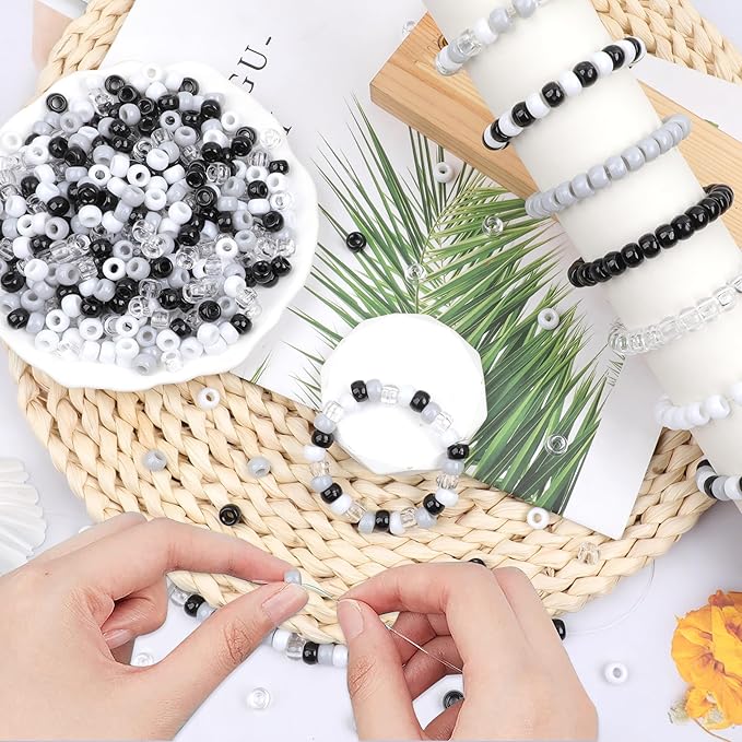 Black White Pony Beads 1000 Pcs Beads for Jewelry Making Plastic Clear Beads for Bracelet 6x9mm Transparent Beads for Hair Braiding Friendship Bracelets(Black White Gray Transparent)