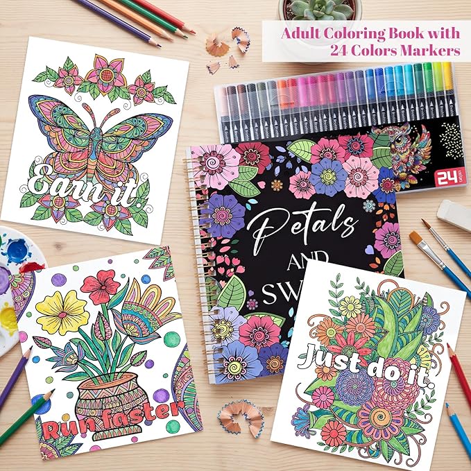 Adult Coloring Book Set for Relaxation, Spiral Bound Coloring Book for Women with 24 Colors Markers, Mindfulness Stress Relief 32 Patterns for Adults, Gift(7×8.2in)