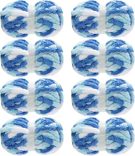MABOZOO Tie Dye Chunky Yarn for Crocheting & Knitting, 8 Pack - Soft Plush Blue Fluffy Jumbo Chenille Yarn,Giant Thick Fuzzy Bulky(26 yds, 8 oz Each Skein)