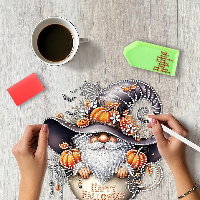 SENQAO Happy Halloween Gnome Diamond Art Hanging Kits for Adults Beginners, DIY Acrylic 5D Special Shaped Crystal Diamond Gem Art Painting Hanging Ornament for Home Wall Decor and Gift