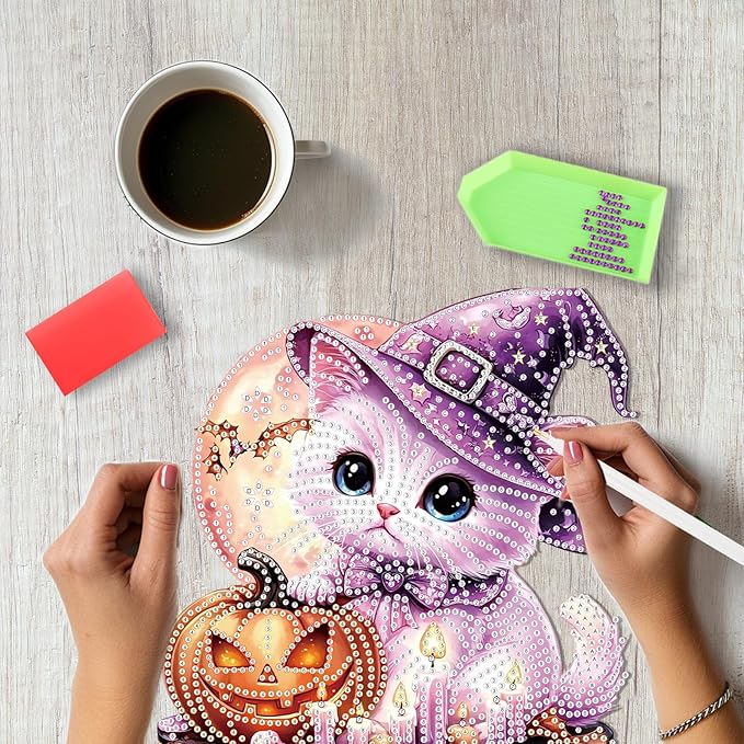 SENQAO Halloween Diamond Art Hanging Kits for Adults Beginners, DIY Acrylic 5D Special Shaped Crystal Diamond Gem Art Painting Hanging Ornament for Home Wall Decor and Gift（Cat Pumpkin Moon）