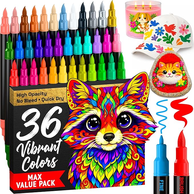 ARTISTRO 36 Acrylic Paint Markers - Paint Pens for Drawing, Brush + Fine Tips - For Fabric, Rock, Glass, Wood, DIY, Eggs - Art & Craft Supplies for Adults, Teens, Kids - Easter Basket Stuffers