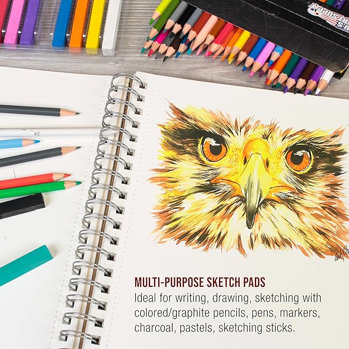 u.s. art supply 9"x12" sketch book pad, 2 pack (100 sheets each), 60lb (100gsm) spiral bound - sketching, drawing pad, acid-free paper - sketch pads for adults, students: colored pencils, charcoal