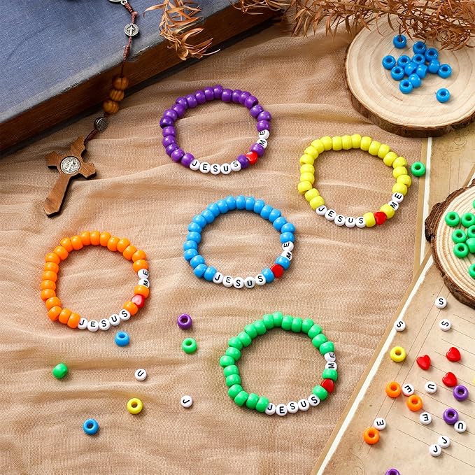 Ferreve 35 Sets Christian Bracelet Crafts Jesus Loves Me Bead Wristband Craft Kit DIY Sunday School Bracelet with Love Letter Charms for Religious VBS Gifts Making(Jesus Love Me,Rainbow)