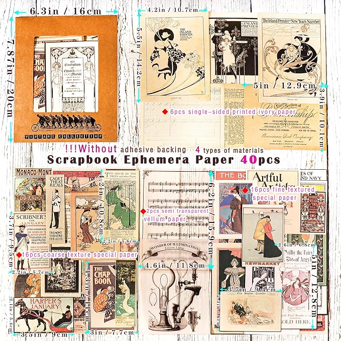 CATaireen Vintage Junk-Journal Mixed Paper Scrapbooking Embellishments Set Retro Journaling Decoupage Stickers Textured Packaging Decorative Cards Tags Kit (Poster C)