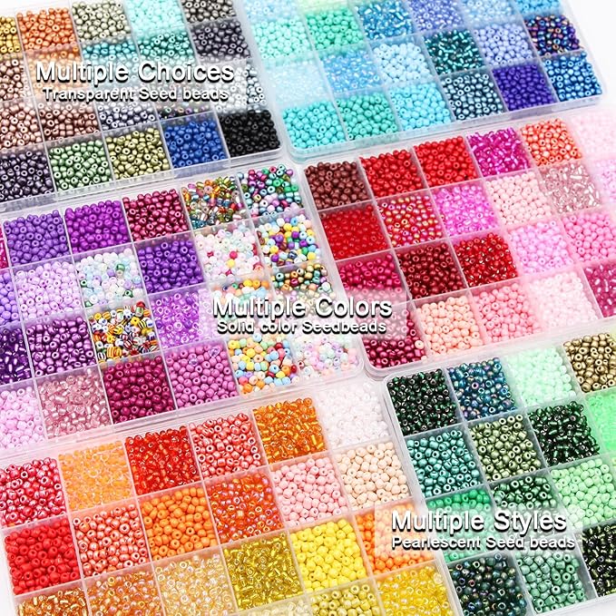 EuTengHao 28800pcs 4mm Multicolor Glass Seed Beads 6/0 for DIY Bracelet Necklaces Crafting Jewelry Making Supplies with Beading Needles Elastic Strings Tweezers (144 Colors, 200Pcs Per Color)