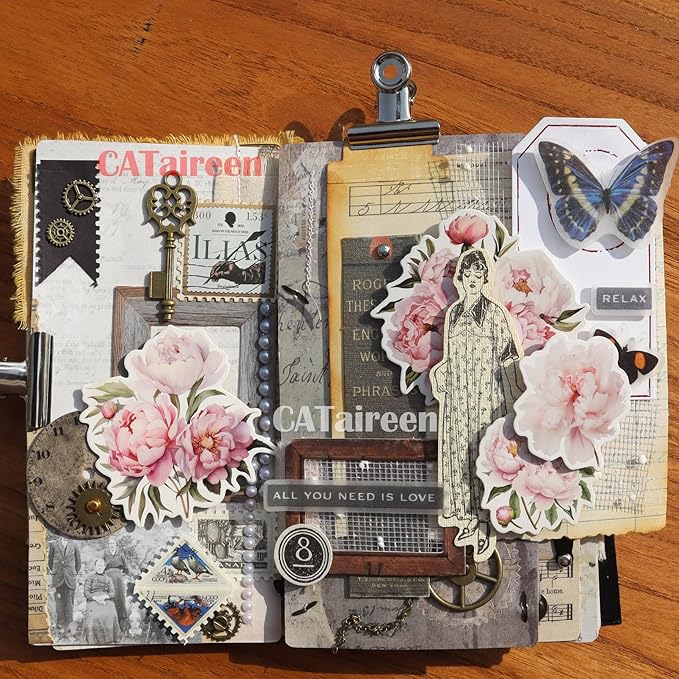 Decoupage Paper for Junk Journal TN Traveler's Notebook by CATaireen Double-Sided Vintage Scrapbook Supplies Linen Paper Bookmark Tag Art Bullet Ephemera Cards Kit 24 Sheets