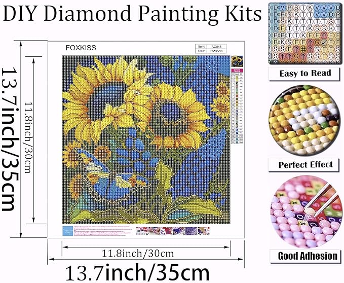 Sunflower Diamond Art Painting Kits for Adults, Stained Glass Full Drill Diamond Dots Paintings for Beginners, Round 5D Paint with Diamonds Pictures Gem Art Painting Kits DIY Crafts Kits 14x14inch