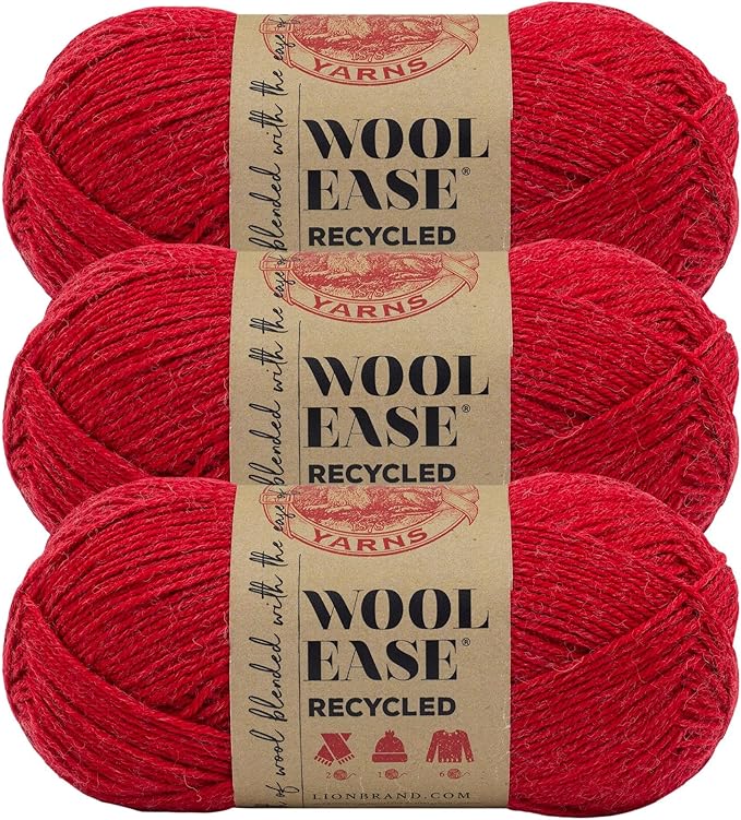 Lion Brand Yarn Wool-Ease Recycled Light Worsted-Weight Yarn for Knitting and Crochet, Red, 3 Pack, Wool and Acrylic Blend Fiber Perfect for Scarves, Hats and Blankets, 196 Yards
