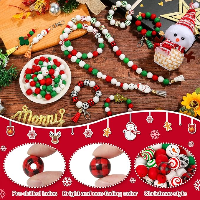 Lucomb 217 PCS Christmas Silicone Beads Bulk 15mm Silicone Beads Xmas Christmas Wooden Beads C y Cane Wood Beads Loose Rubber Beads Abacus Focal Beads Keychain Necklace Making Pens Crafts Ornament