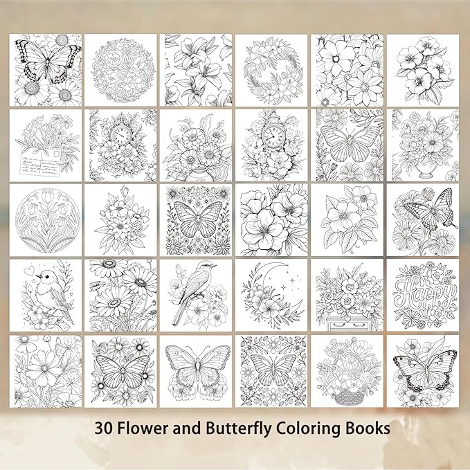 ZHIJIANHZ Adult Coloring Book for Women with Floral and Butterfly Designs,6.7x6.7 Inch 30 Pages for Relaxation and Stress Relief, Beautiful Flowers and Garden Scenes for Anxiety Relief