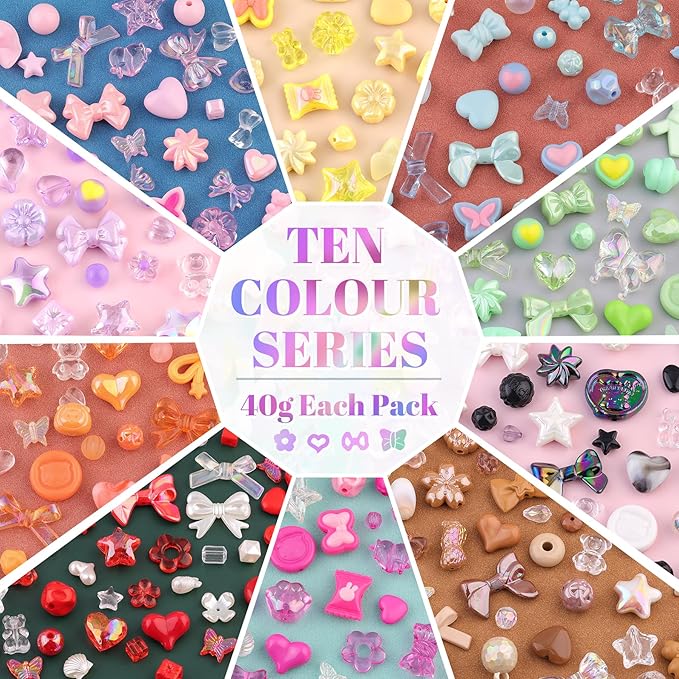 700-750pcs tinkrstuff assorted 10 colors mixed acrylic beads for bracelet making, cute beads for jewelry making flower bow butterfly gummybear bracelet charms,diy necklace keychain phone charm