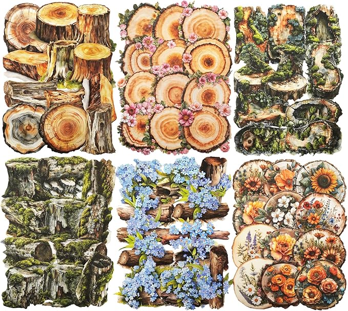 Nature Wood Slice Sticker Set, 120PCS Vintage Designs with Flowers, Moss, Logs and Botanical Elements for Journaling, Scrapbooking and Crafts