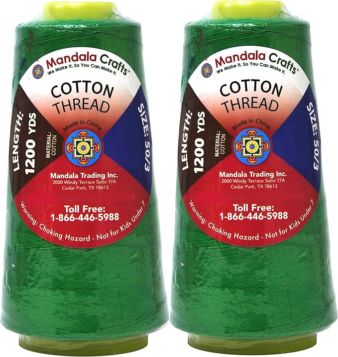 Mandala Crafts Green Thread Cones for Machine and Hand Quilting - 2400 Yds 50 WT Multiple Purpose Mercerized 100% Cotton Threads for Sewing Machine Serger Embroidery