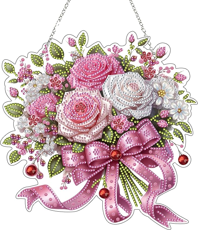 JJFox Diamond Art Hanging Kit for Adult,Special Shaped Rhinestone,Double Sided DIY Acrylic 5D Diamond Art Painting Window Pendants Home Garden Wall Hanging Kits Hanging Ornament (Flower)