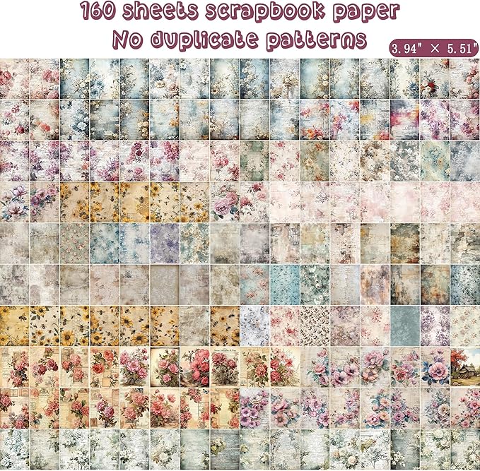 160 Sheets Vintage Flower Scrapbook Paper, Junk Journal Supplies, Purple Pink Flowers with Cursive Script No Repeating Perfect for Junk Journal DIY Cards Craft Albums Scrapbooking Supplies (Purple)