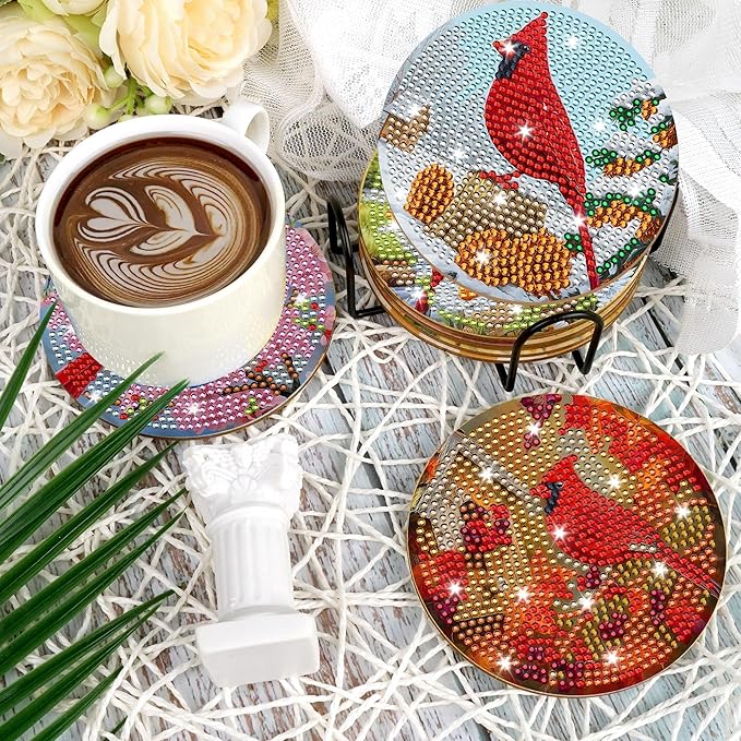 Cardinal Diamond Art Coasters Kit, 8 Pcs Red Bird Diamond Painting Coaster with Holder and Cork Pads, Non-Slip DIY Coasters Art for Adults Beginners DIY Craft Home Decor, Christmas Birthday Gifts