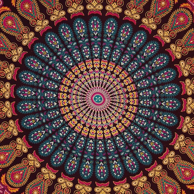 bless international handmade indian hippie bohemian psychedelic peacock mandala wall hanging college dorm beach throws table cloth bedding tapestry (golden pink blue, queen(84x90inches)(215x230cms))