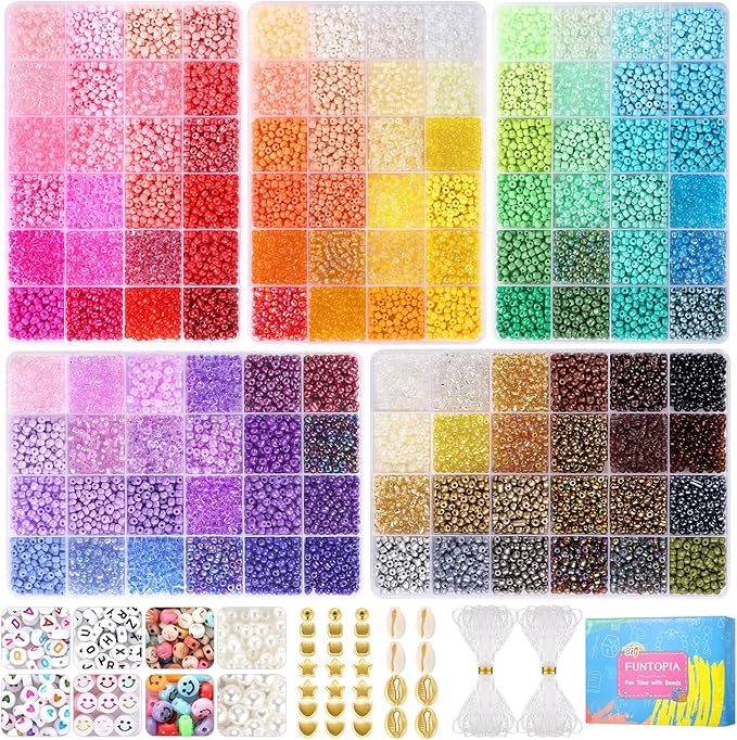 Funtopia 4mm 13000pcs+ Seed Beads for Jewelry Making, 120 Colors Small Glass Beads for Bracelets, Friendship Bracelet Kit with Alphabet Letter Bead Smile Face Bead for DIY, Art and Craft