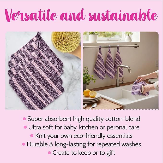 KnitPal Everyday Joy Knitting Kit – Make 4 Reusable Dishcloths for Confident Beginners – Cotton to The Core Yarn (#3 DK), Needles, Patterns & Video Tutorials (Plum Purple + Blush Pink)