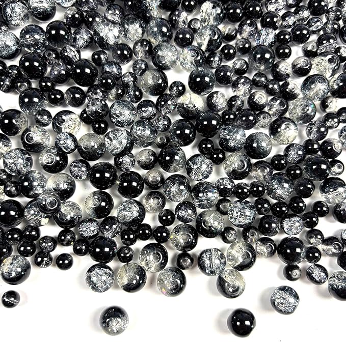 Glass Beads for Jewelry Making, 315Pcs Crackle Round 6/8/10mm Crystal Beads for Bracelet Craft Necklace Earring Making Wine Charms Wind Chimes, Black Color