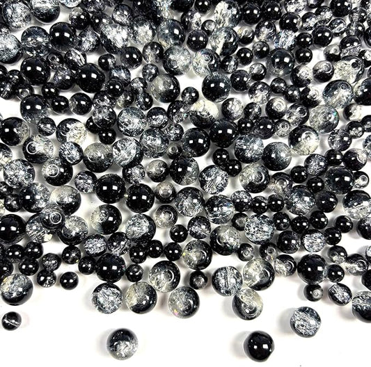 Glass Beads for Jewelry Making, 315Pcs Crackle Round 6/8/10mm Crystal Beads for Bracelet Craft Necklace Earring Making Wine Charms Wind Chimes, Black Color