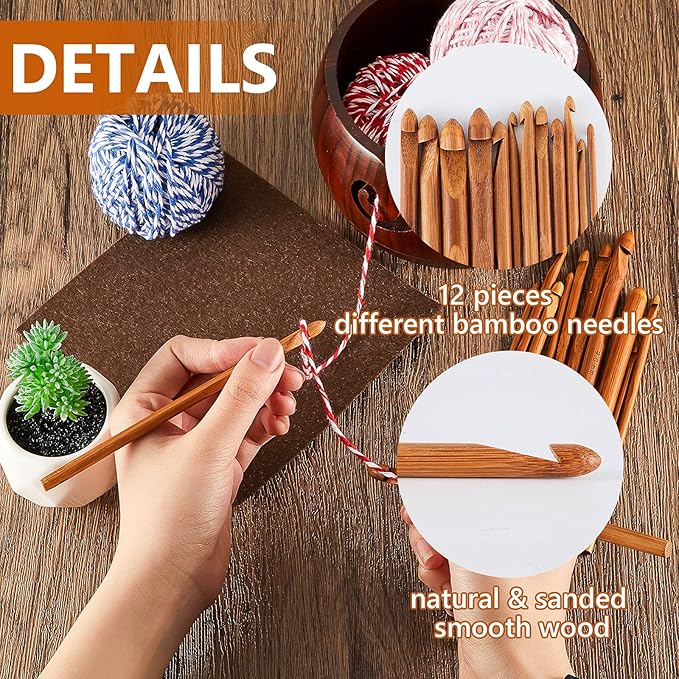 Patelai 6 x 6 x 3 Inch Wooden Yarn Bowls for Crocheting Round Knitting Wool Storage Yarn Bowl Handmade with Holes 12 Pieces Crochet Hooks for Knitting DIY Crafts Tools(Dark Brown)