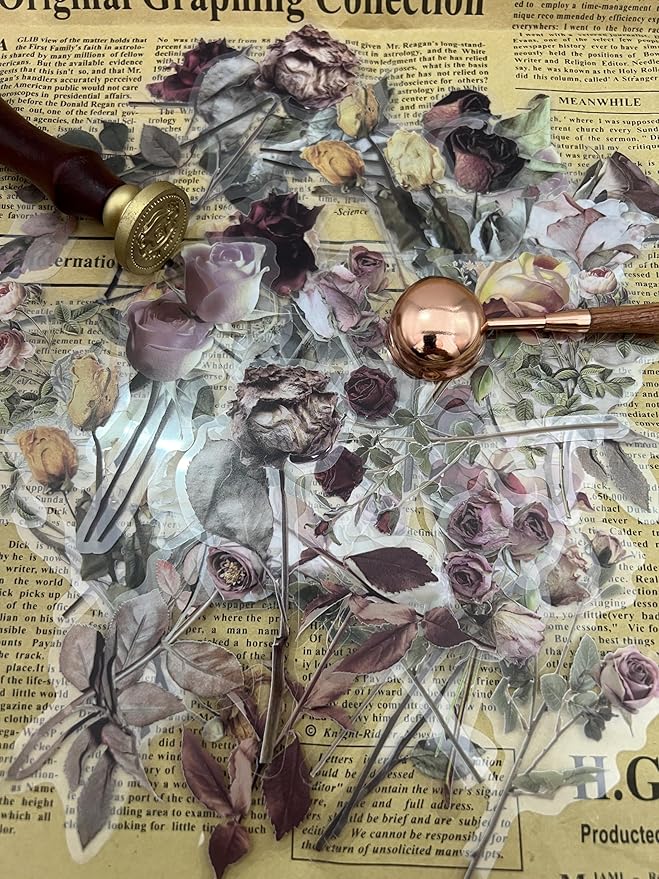 Brown Vintage Dried Roses Botanical Stickers, 40 PCS Aesthetic Stickers for Scrapbooking, Cottagecore Waterproof Vinyl Stickers for Bullet Junk Journal Planner Diary Album