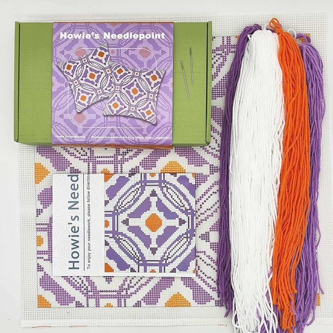 Howie's Needlepoint Needlepoint Kits for Adults, Pillow Front Cross Stitch Kit with Embroidery Pattern on Canvas, Yarn, 2 Needles and Instruction, 16 x 16inch(Purple Circle Window)