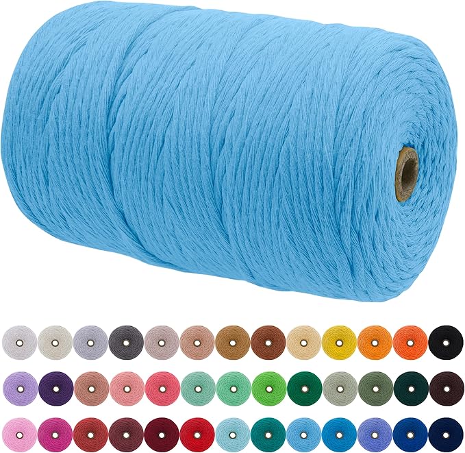 JeogYong Single Strand Macrame Cord 3mm x 218 Yards (656 Feet) Soft Cotton Rope Macrame Yarn 3 mm Macrame Cord, Macrame Supplies for Crafts Wall Hangings Plant Hangers Decorations (Sky Blue)