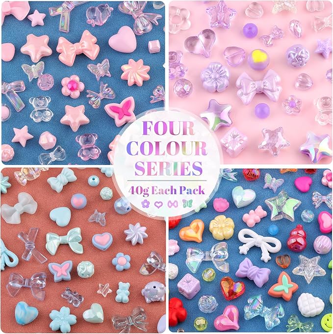 210-270PCS TINKRSTUFF Assorted Acrylic Beads, 4 Colors Mixed Cute Beads for Bracelet Making, Bow Flower GummyBear Kawaii Charms, Aesthetic Bead for Necklace Keychain Jewelry Making DIY Phone Charm