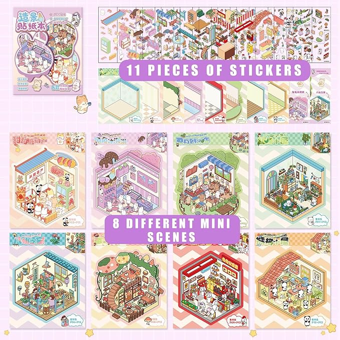 HYINUS 3D Sticker Scene Book for Adults, 36 Sets Large Size DIY House Stickers with Tweezer, Stress Relief Craft, Creative Christmas Gift (36 Set)
