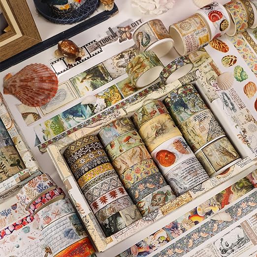 Vintage Washi Tape Set - 24 Rolls Arts Adhesive Tapes Assorted Retro Decorative Masking Tape Sets for Craft, Kids, Scrapbook, DIY, Gift Wrapping (3-Ocean Odyssey)