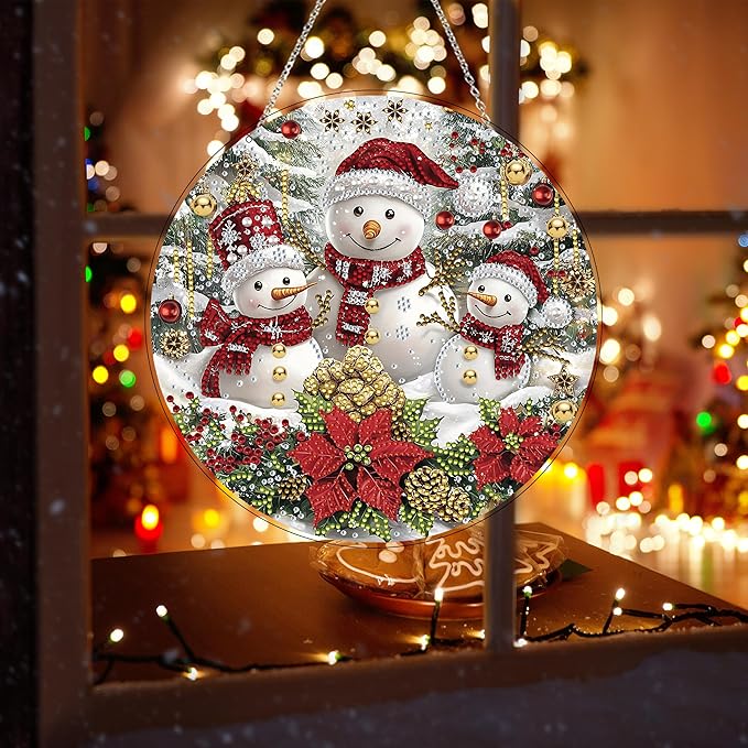 DIY Diamond Art Painting Wreath Kits，Special Shaped Rhinestone Hanging Ornament Diamond Art Window Pendants for Gift Home Garden Wall Hanging Kits,Double Sided (Christmas Snowman)