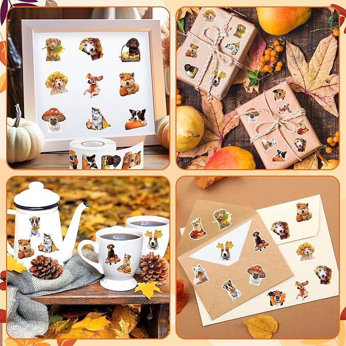 h1vojoxo autumn thanksgiving sticker rolls - 1000pcs fall dog dress up stickers in 2 rolls 16 designs autumn thanksgiving self-adhesive sticker for kids craft envelope dog lover holiday party supplies