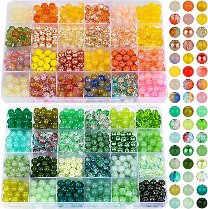 XSEINO About 1200PCS 8mm Glass Beads Bracelet Making Kit，48 Assorted Yellow and Green Series Colorful Crystal Beads for Making and DIY Crafts