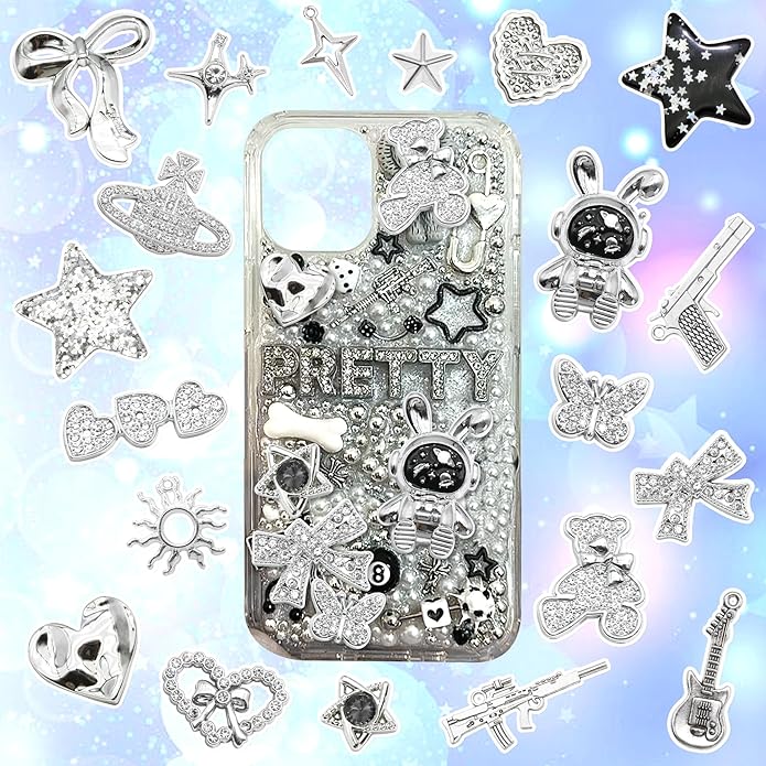 BELICEY Black Silver Junk Case Charms Kit Y2K Big Charms for Phone Junk Cases 3D Astronaut Star Bow Planet Heart Junk Phones Case Flatback Rhinestone Pearls for Customizing DIY Craft