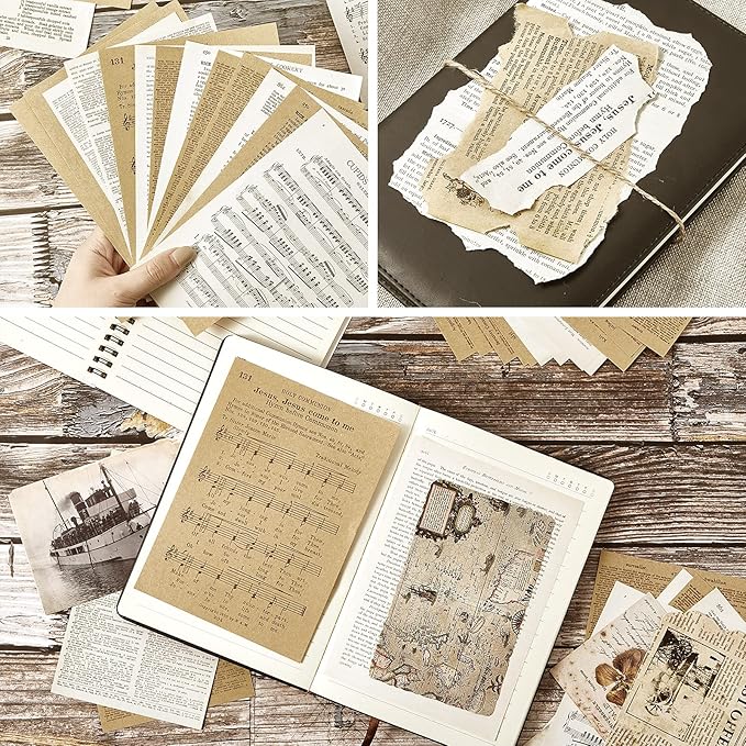 Zonon 114 Pieces 2 Sets Junk Journal Pages Vintage Ephemera Pack Craft Paper Junk Journal Vintage Paper for Albums Planner Decorative Crafts Embellishment Supplies(Old Book and Vellum Series)