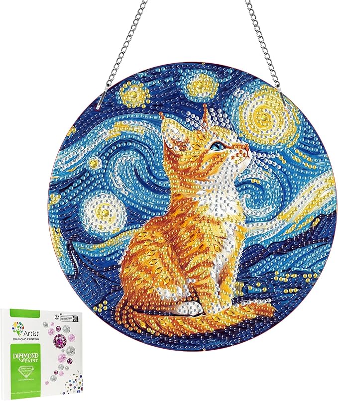 LOMSIOY Diamond Art Hanging Kit for Adult, Cat Front Door Sign Window Decor for Outdoor, Starry Night Double Sided Summer Decor Suncatcers for Porch, Hanging Pendants for Garden Wall （8x8 Inch