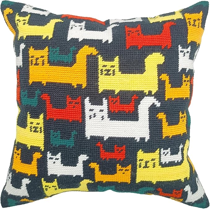 Howie's Needlepoint Needlepoint Kits for Adults, Pillow Front Cross Stitch Kit with Embroidery Pattern on Canvas, Yarn, 2 Needles and Instruction, 16 x 16inch(Cat Party)
