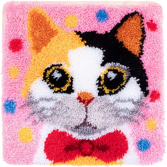 LUBOT 17" X 17" Cat Latch Hook Kits for Adults Rug Pillow Cover with Printed Canvas Pattern Crochet Kit for Beginners
