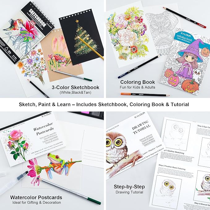 KALOUR 206 Drawing Set Sketching Kit,Art Supplies with 3-color Sketchbook & Coloring Paper,Include Tutorial, Colored, Graphite, Charcoal, Watercolor & Metallic Pencil,for Artists Adults Teens Beginner