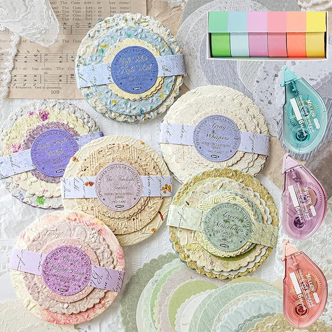 300 Sheets Scrapbook Paper Kit with 3 Double Sided Tapes & 6 Rolls Colored Washi Tape, 6 Themes Embossed Textured & Printed Round Scrapbook Paper for Scrapbooking, Junk Journal, Card Making