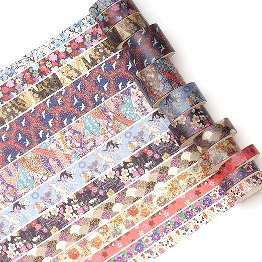 12 Rolls Kyoto Charm Washi Tape Set Japanese Arts Adhesive Tapes Geometric Garden Decorative Masking Tape Sets for Craft, Kids, Scrapbook, DIY, Gift Wrapping (Purple Sakura)