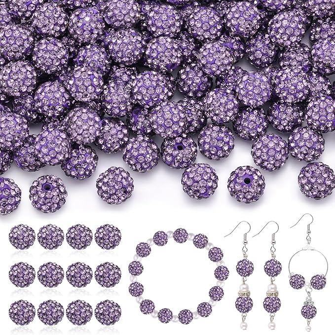 120pcs 10mm rhinestone beads for jewelry making, purple shiny round shamballa disco ball beads bulk, sparkle crystal clay christmas for bracelet baseball necklace earring crafting and diy