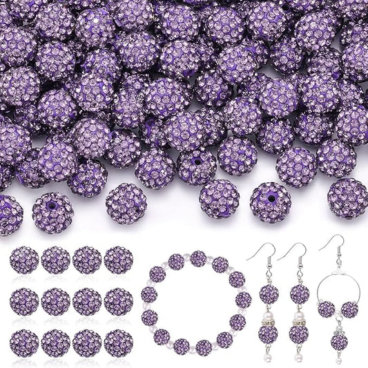 120pcs 10mm rhinestone beads for jewelry making, purple shiny round shamballa disco ball beads bulk, sparkle crystal clay christmas for bracelet baseball necklace earring crafting and diy