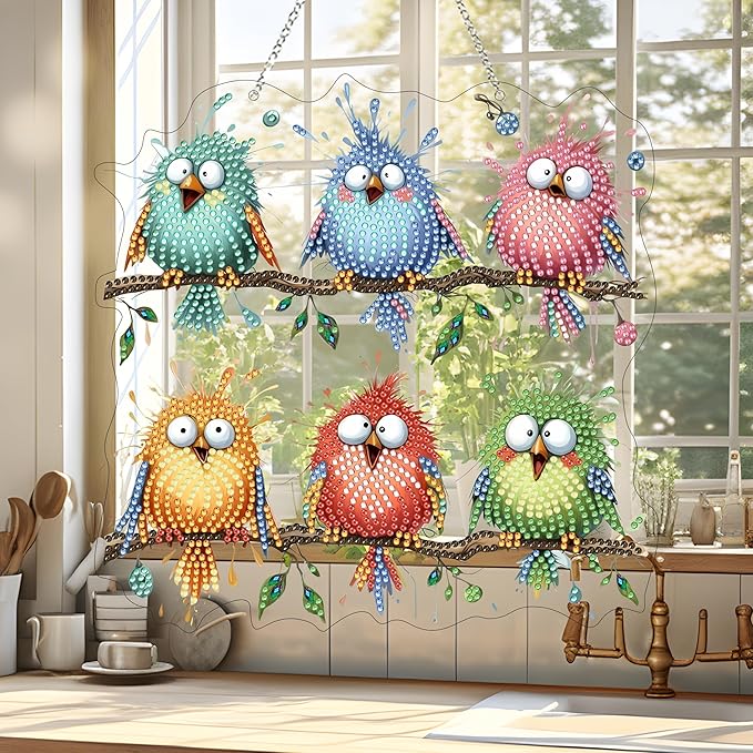 5D Diamond Art Hanging Kit for Adult,Special Shaped Rhinestone,Double Sided DIY Acrylic Diamond Art Painting Window Pendants Home Garden Wall Hanging Kits Hanging Ornament (Bird)