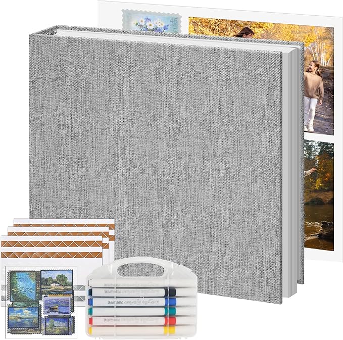 Vienrose Photo Album Scrapbook, 3 Ring 12" x 12" Linen Cover Kraft Paper Memory Book with 30 Sheets 60 Pages, Scrapbook Set for Wedding, Anniversary, Family, Travel, Grey