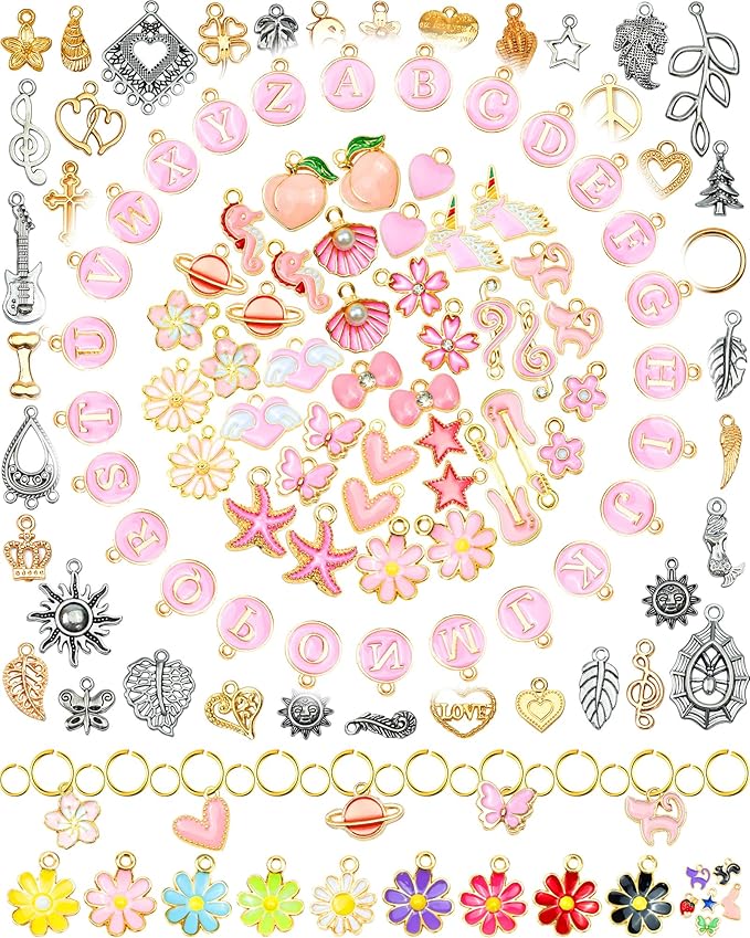 FIVEIZERO 216PCS Bracelet Charms for Jewelry Making – Assorted Gold & Silver Metal Enamel Pendants with Jump Rings for Necklaces, Earrings & DIY Jewelry Crafts(Pink)